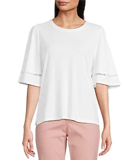 Code Bleu Knit Crew Neck Short Sleeve Crochet Trim Top