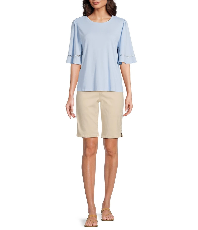 Code Bleu Knit Crew Neck Short Sleeve Crochet Trim Top