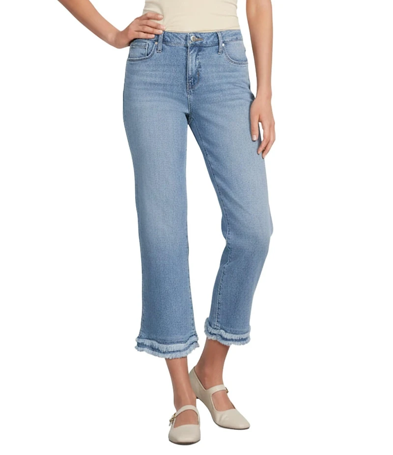 Code Bleu Petite Size Stretch Denim Straight Leg High Rise Double Fray Hem Jeans