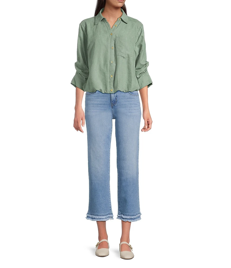 Code Bleu Petite Size Stretch Denim Straight Leg High Rise Double Fray Hem Jeans