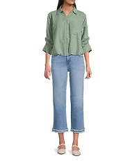 Code Bleu Petite Size Stretch Denim Straight Leg High Rise Double Fray Hem Jeans