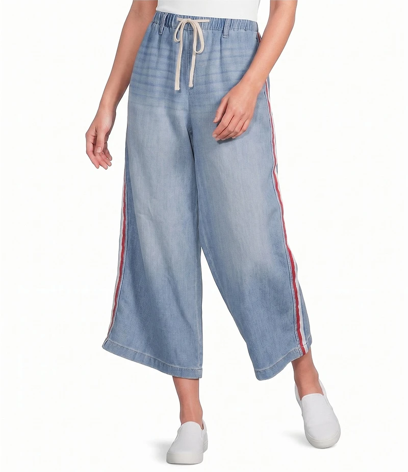 Code Bleu Petite Size Wide Leg Pull-On Crop Side Stripe Ankle Jeans