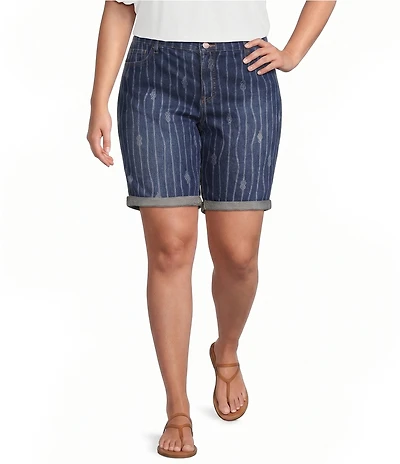 Code Bleu Plus Size Boho Mid Rise Laser Print Bermuda Denim Shorts