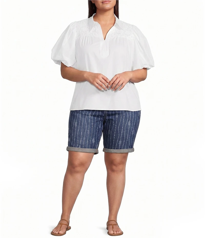 Code Bleu Plus Size Boho Mid Rise Laser Print Bermuda Denim Shorts