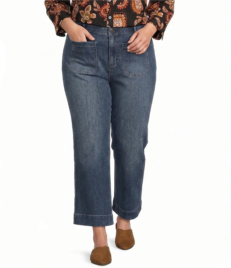 Code Bleu Plus Size Hollywood Waist High Rise Wide Leg Patch Pocket Ankle Jeans