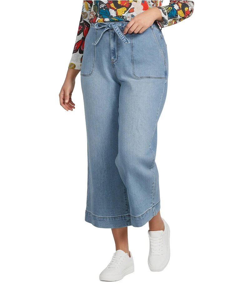 Code Bleu Plus Size Stretch Denim Wide Leg High Rise Tie-Waist Cropped Jeans