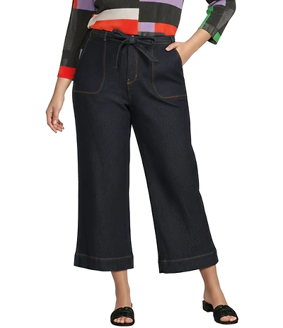 Code Bleu Plus Size Stretch Denim Wide Leg High Rise Tie-Waist Cropped Jeans