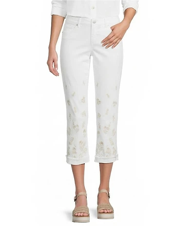 Code Bleu Soho Stretch Denim Mid Rise Embroidered Straight Leg Capri Jeans