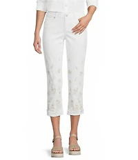 Code Bleu Soho Stretch Denim Mid Rise Embroidered Straight Leg Capri Jeans