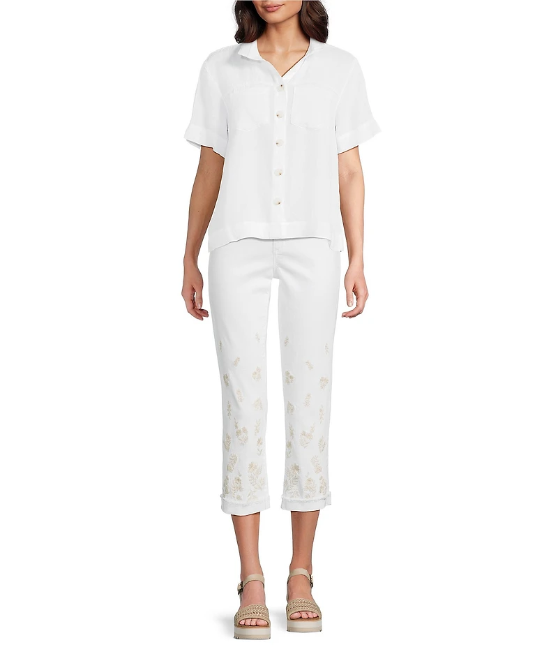 Code Bleu Soho Stretch Denim Mid Rise Embroidered Straight Leg Capri Jeans