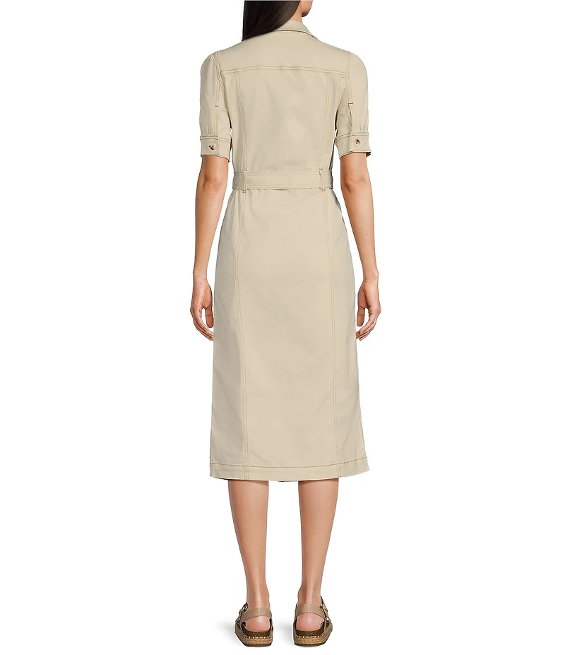 Code Bleu Stretch Denim Split V-Neck Short Sleeve Belted Shirt Midi Dress