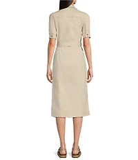 Code Bleu Stretch Denim Split V-Neck Short Sleeve Belted Shirt Midi Dress