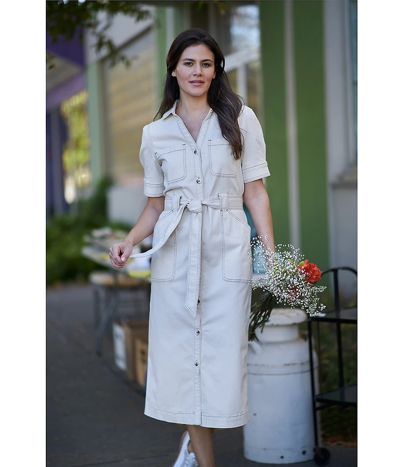 Code Bleu Stretch Denim Split V-Neck Short Sleeve Belted Shirt Midi Dress