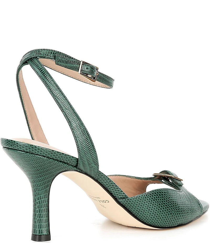 Cole Haan Annalise Lizard Print Leather Ankle Strap Buckled Dress Sandals