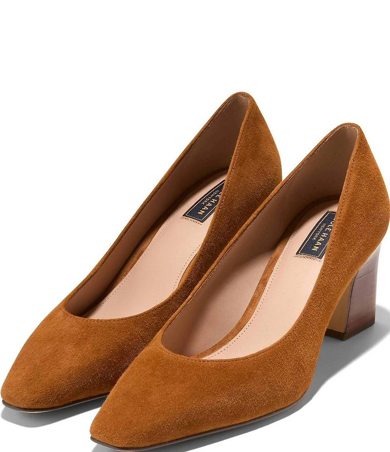 Cole Haan Blanche Suede Snip Toe Stacked Block Heel Pumps