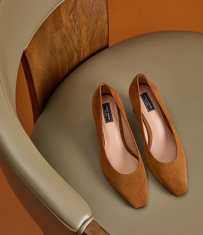 Cole Haan Blanche Suede Snip Toe Stacked Block Heel Pumps