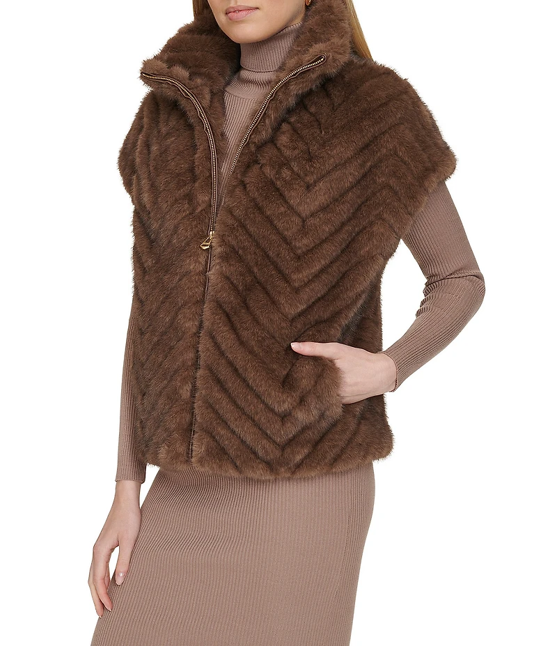 Cole Haan Faux Fur Chevron Pattern Zip Front Vest