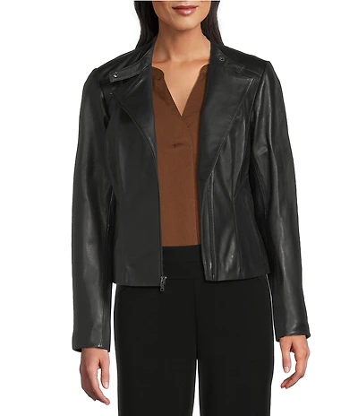 Cole Haan Genuine Lamb Skin Leather Notch Collar Welt Pocket Front Zip Moto Jacket