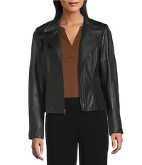 Cole Haan Genuine Lamb Skin Leather Notch Collar Welt Pocket Front Zip Moto Jacket