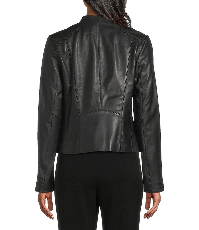 Cole Haan Genuine Lamb Skin Leather Notch Collar Welt Pocket Front Zip Moto Jacket