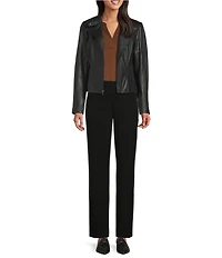 Cole Haan Genuine Lamb Skin Leather Notch Collar Welt Pocket Front Zip Moto Jacket