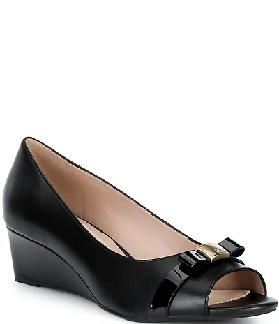 Cole Haan Go-To Malta Leather Peep Toe Bow Wedge Pumps