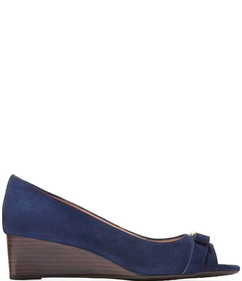 Cole Haan Go-To Malta Suede Peep Toe Bow Wedge Pumps