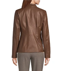 Cole Haan Leather Lamb Skin Wing Collar Four Pocket Front Zip Jacket