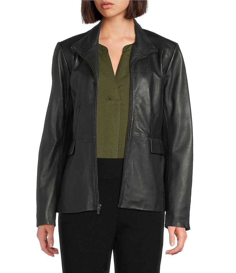 Cole Haan Leather Lamb Skin Wing Collar Four Pocket Front Zip Jacket