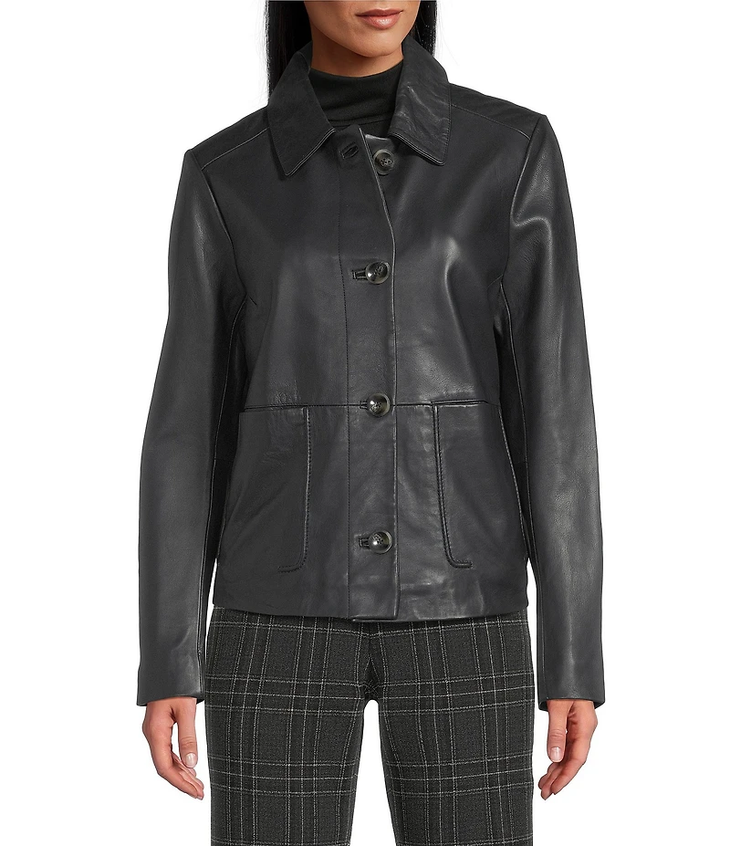 Cole Haan Leather Point Collar Long Sleeves Button Front Trucker Jacket