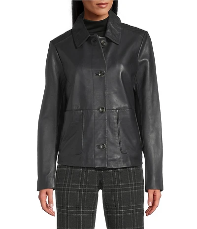 Cole Haan Leather Point Collar Long Sleeves Button Front Trucker Jacket