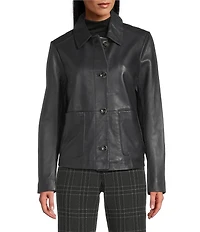 Cole Haan Leather Point Collar Long Sleeves Button Front Trucker Jacket