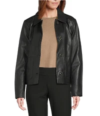 Cole Haan Leather Point Collar Long Sleeves Button Front Trucker Jacket