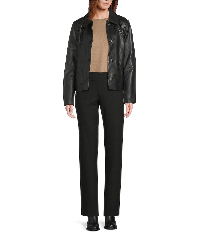 Cole Haan Leather Point Collar Long Sleeves Button Front Trucker Jacket