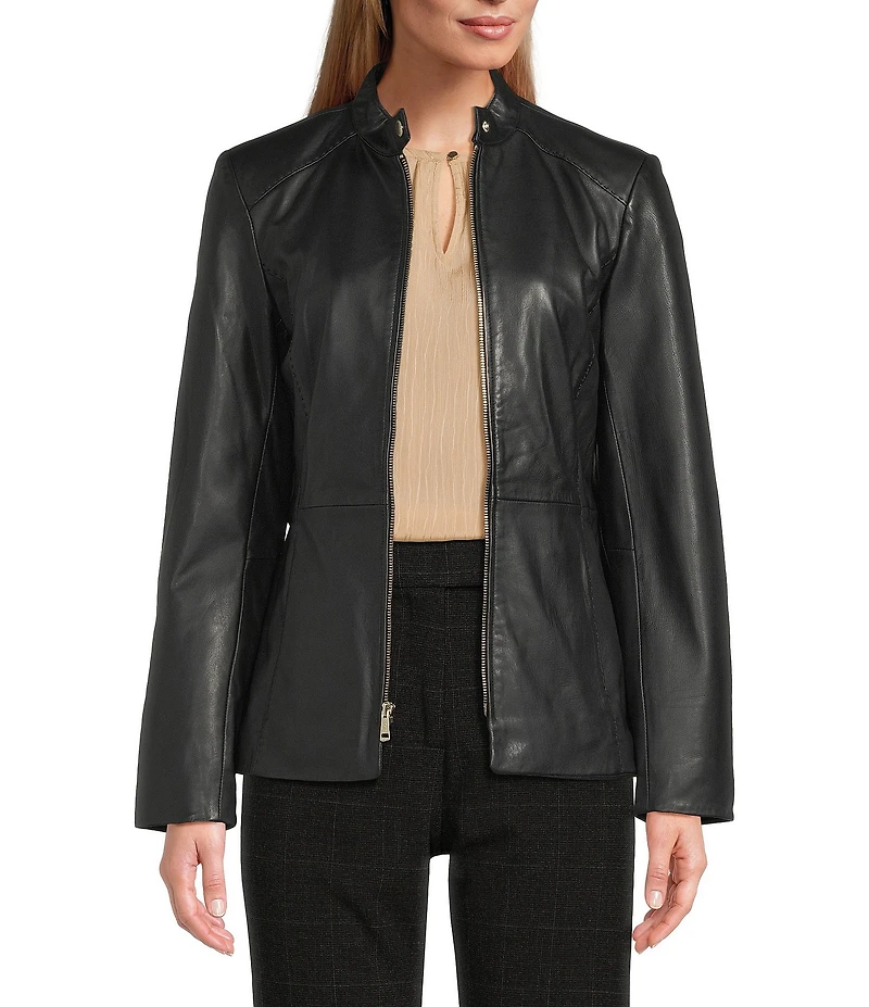 Cole Haan Leather Stand Collar Long Sleeves Hand Stitch Zip Front Jacket