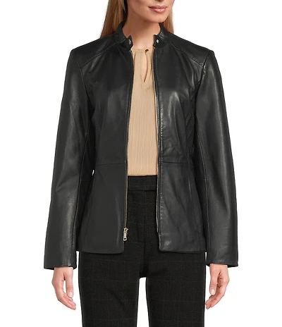 Cole Haan Leather Stand Collar Long Sleeves Hand Stitch Zip Front Jacket