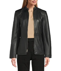 Cole Haan Leather Stand Collar Long Sleeves Hand Stitch Zip Front Jacket