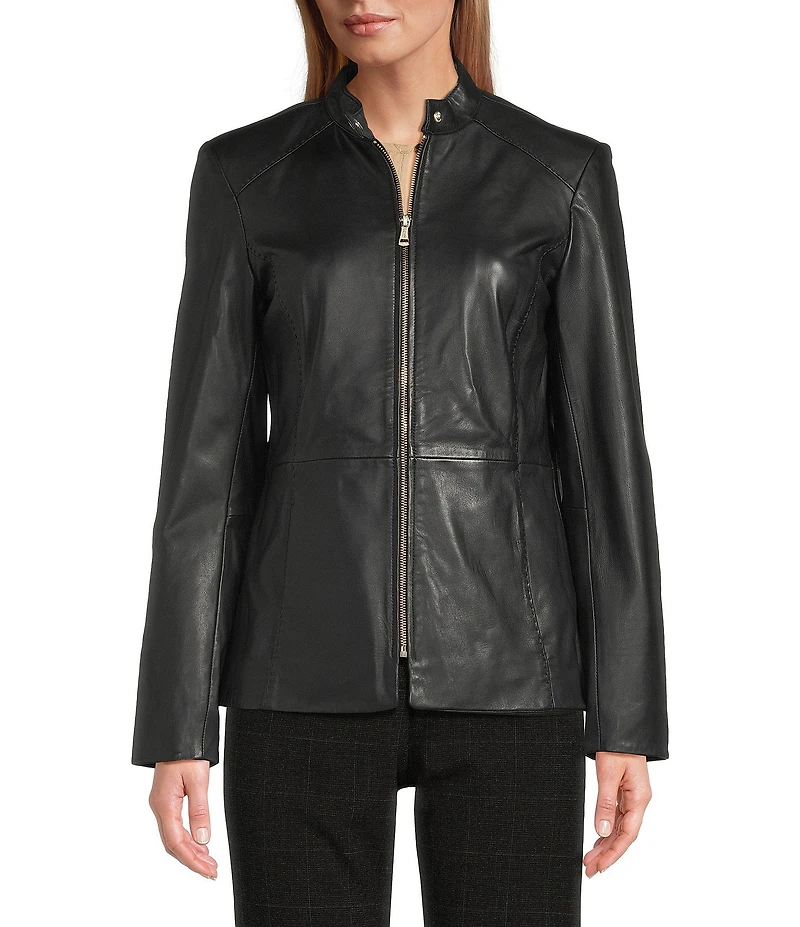 Cole Haan Leather Stand Collar Long Sleeves Hand Stitch Zip Front Jacket