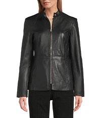 Cole Haan Leather Stand Collar Long Sleeves Hand Stitch Zip Front Jacket