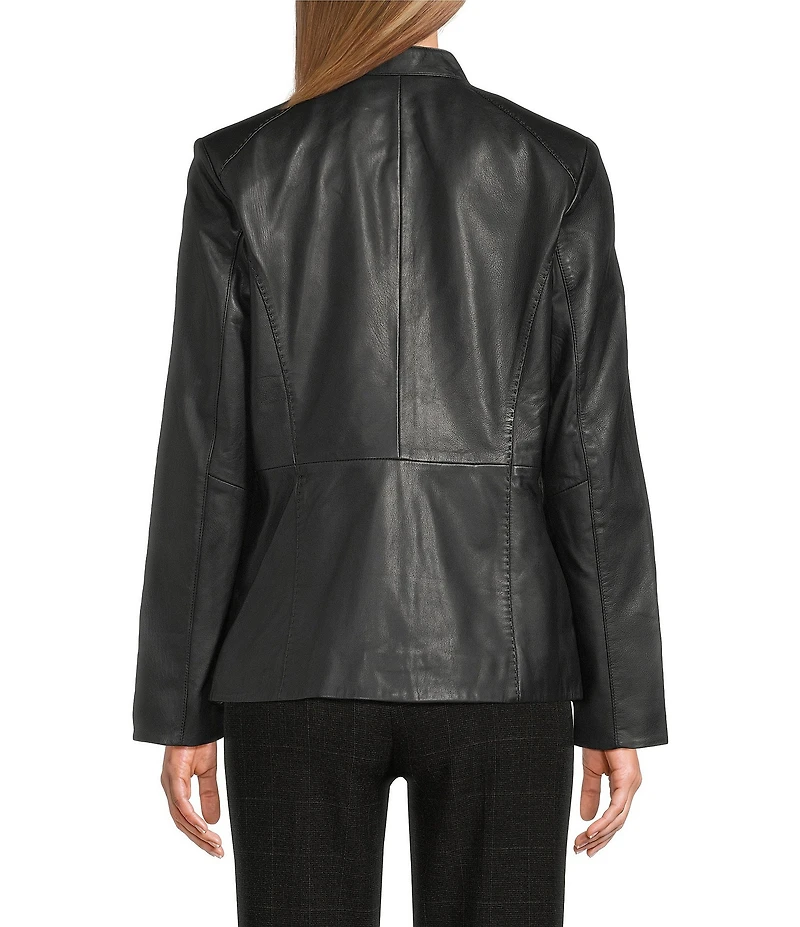 Cole Haan Leather Stand Collar Long Sleeves Hand Stitch Zip Front Jacket