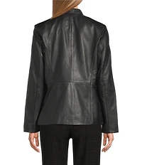 Cole Haan Leather Stand Collar Long Sleeves Hand Stitch Zip Front Jacket