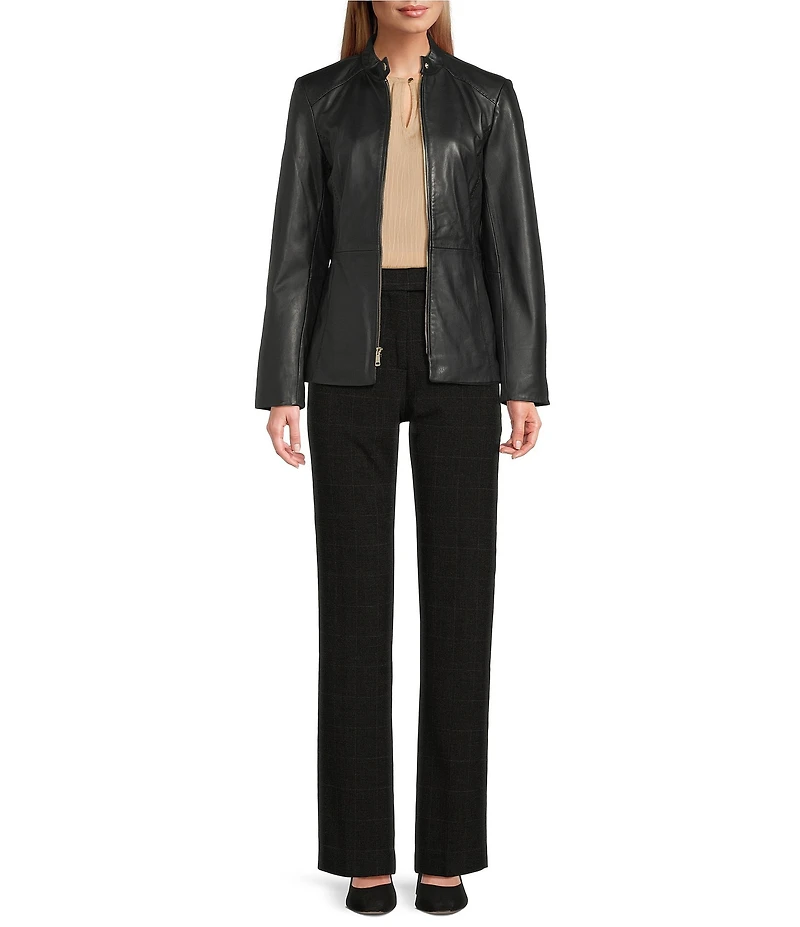 Cole Haan Leather Stand Collar Long Sleeves Hand Stitch Zip Front Jacket