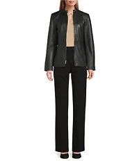 Cole Haan Leather Stand Collar Long Sleeves Hand Stitch Zip Front Jacket