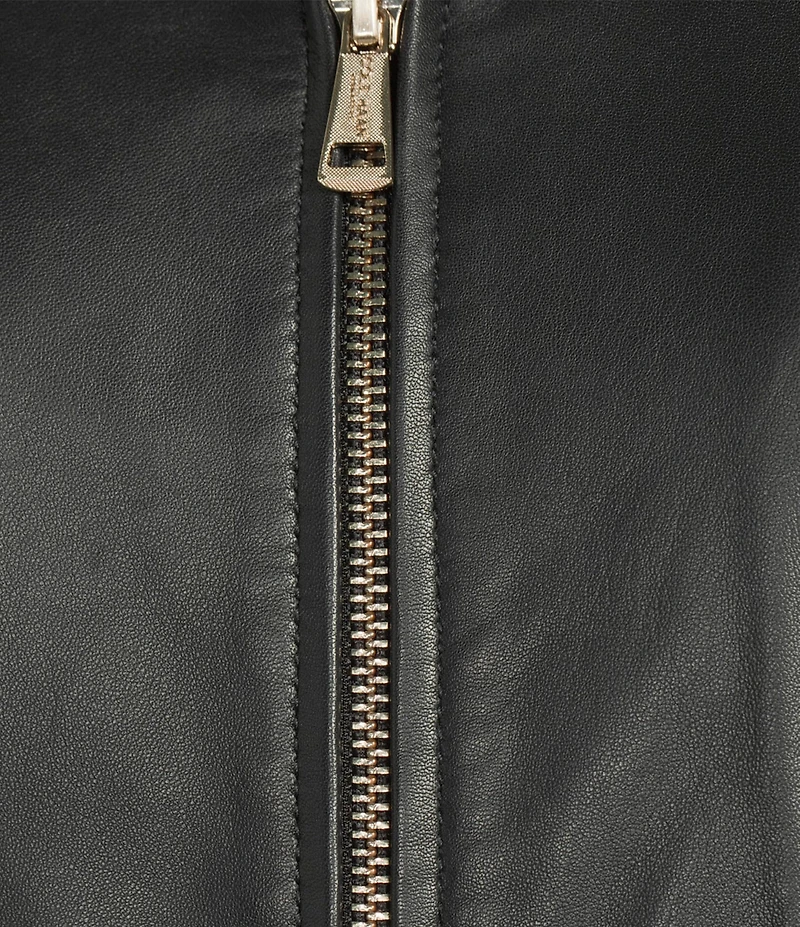 Cole Haan Leather Stand Collar Long Sleeves Hand Stitch Zip Front Jacket