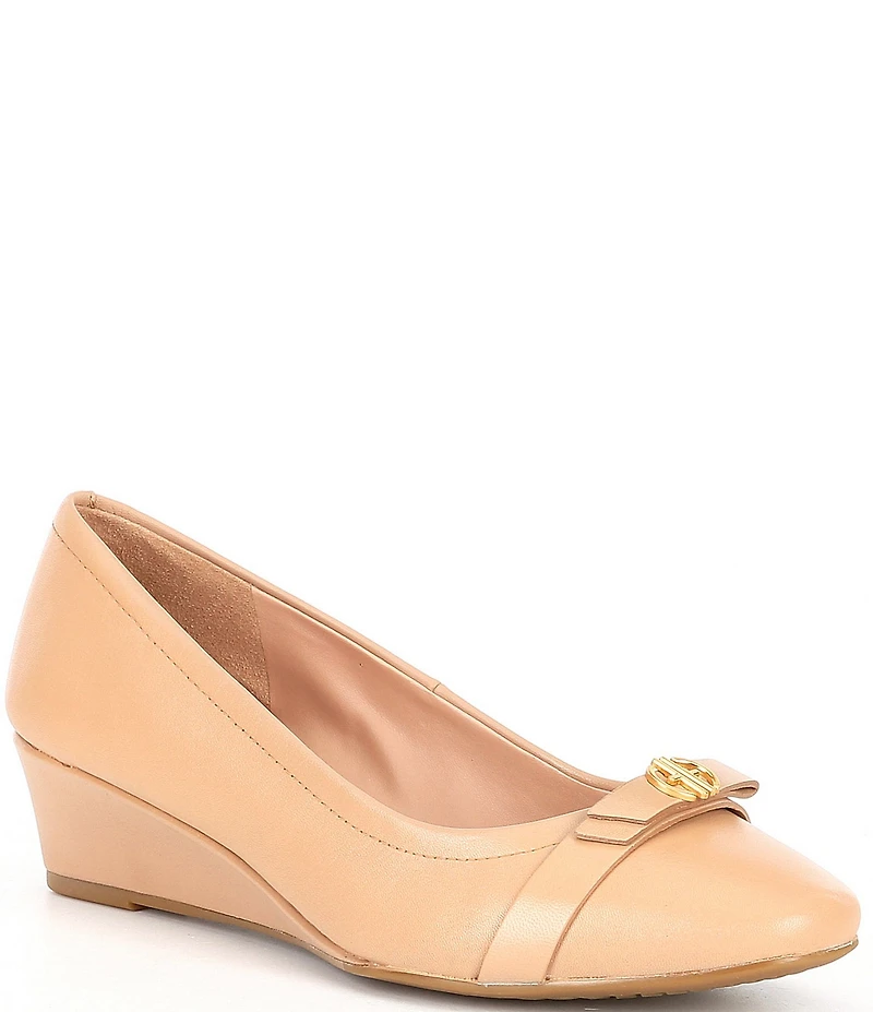 Cole Haan Malta Leather Signature Logo Ornament Bow Wedge Pumps