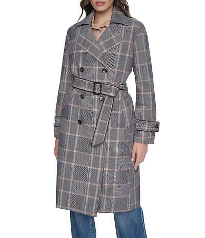 Cole Haan Plaid Print Notch Collar Belted Double Breasted Trench Coat