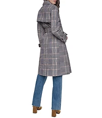 Cole Haan Plaid Print Notch Collar Belted Double Breasted Trench Coat