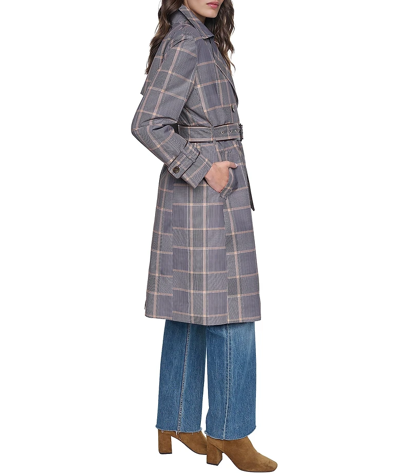 Cole Haan Plaid Print Notch Collar Belted Double Breasted Trench Coat