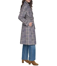 Cole Haan Plaid Print Notch Collar Belted Double Breasted Trench Coat