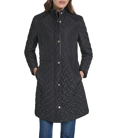 Cole Haan Signature Quilt Stand Collar Snap Front Single Breasted Coat